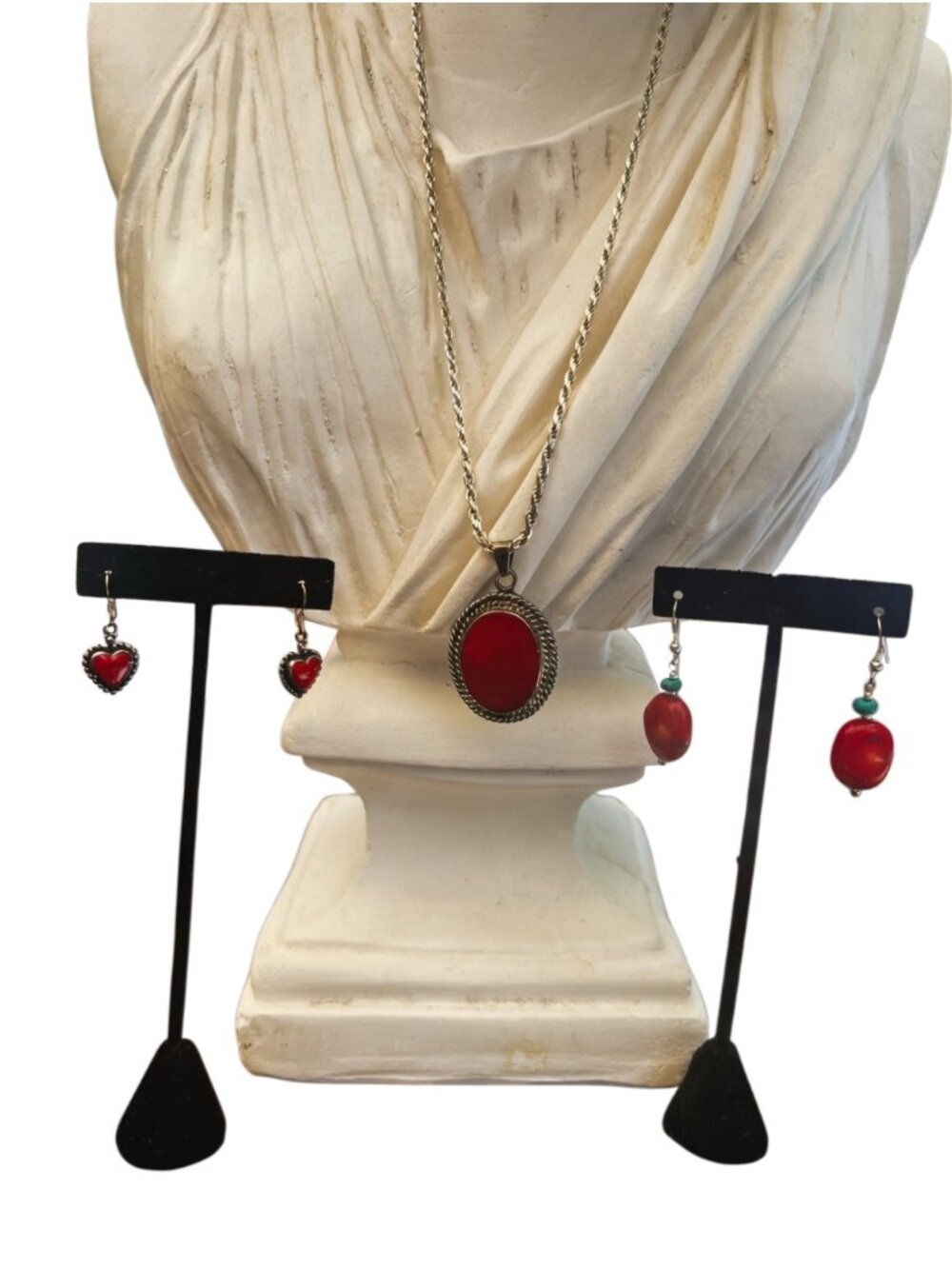 Vintage Silver & Red Coral Heart Earrings Beaded Earrings & Oval Pendant